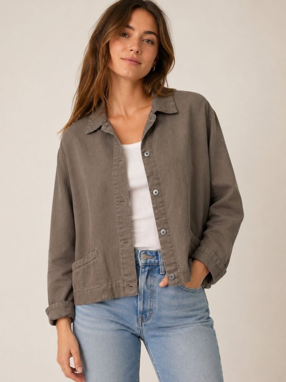 Eileen Fisher Womens Brown Button Front Lagen Look Cropped Jacket Medium Tencel